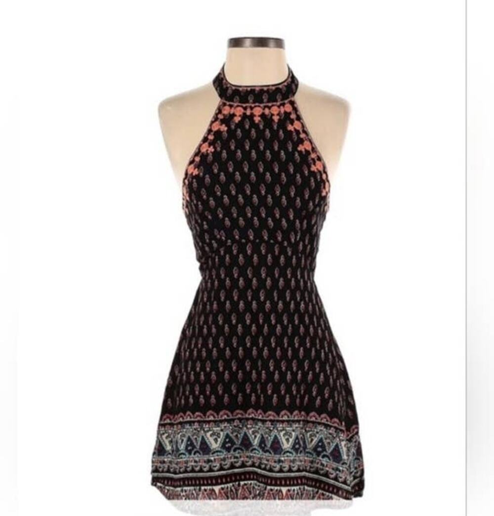 LF Millau Choker Tribal Boho Embroidered Halter Mini Dress Black Orange Medium